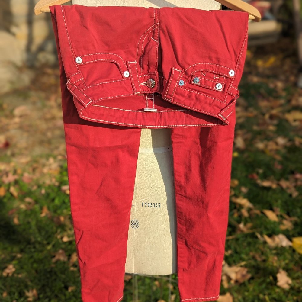 True Religion Red Skinny Jeans with White Stitching Size 25